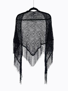 Vtg Black Crochet Fringe Triangle Shawl Wrap Scarf Whimsigoth Boho 90s Rayon Y2K